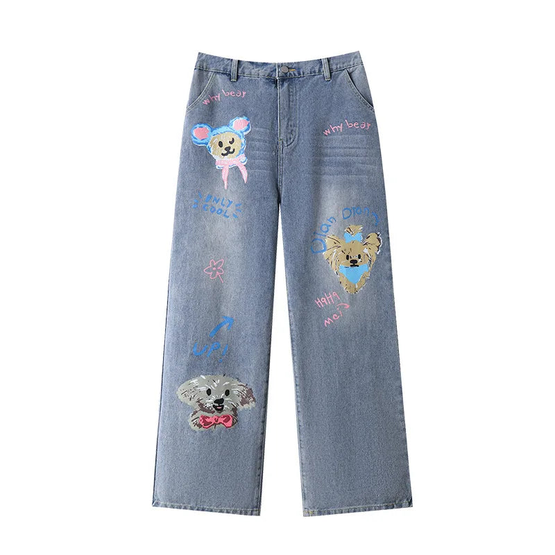 150Kg Plus Size Women's Hip 138 Spring Summer Jeans With Puppy Print Loose Elastic Straight Leg Pants Blue 5XL 6XL 7XL 8XL 9XL