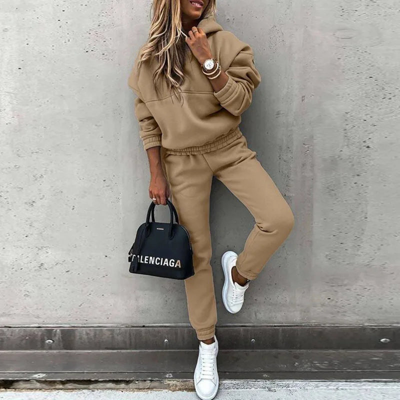 Autumn Winter New Hoodie Suit Solid Color Long Sleeve Women's Casual Fashion Loose Sports Hoodie + Small Foot Pants 2 Piece Set