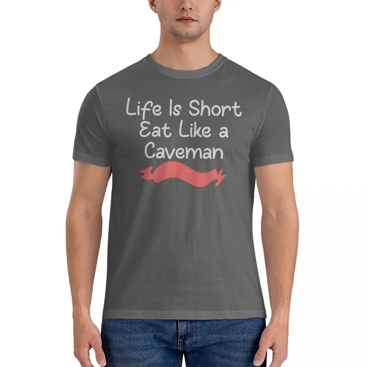 Life Is Short Eat T Shirts for Men Pure Cotton Novelty T-Shirt Round Collar Captain Caveman Tees Short Sleeve Clothes Gift Idea