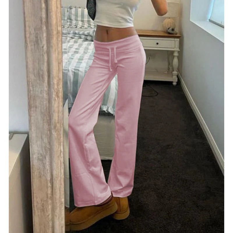 Cuteandpsycho Casual Solid Basic Pants Y2K Chic Floor Length Bottoms Vintage Aesthetic Mid Waist Drawstring Straight Trousers