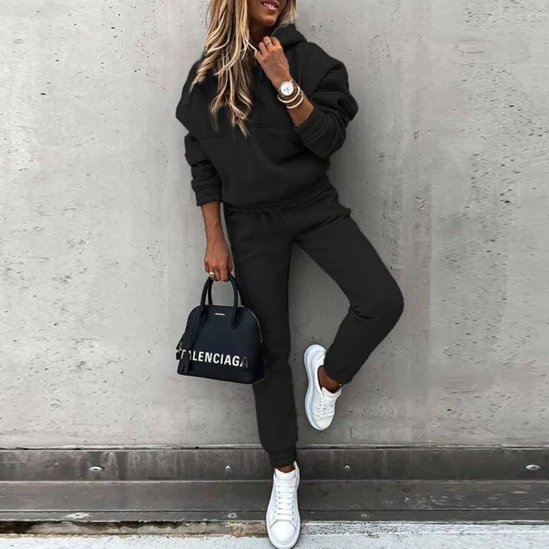 Autumn Winter New Hoodie Suit Solid Color Long Sleeve Women's Casual Fashion Loose Sports Hoodie + Small Foot Pants 2 Piece Set