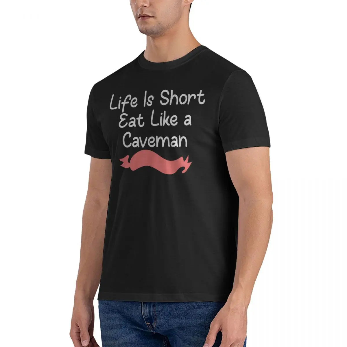 Life Is Short Eat T Shirts for Men Pure Cotton Novelty T-Shirt Round Collar Captain Caveman Tees Short Sleeve Clothes Gift Idea