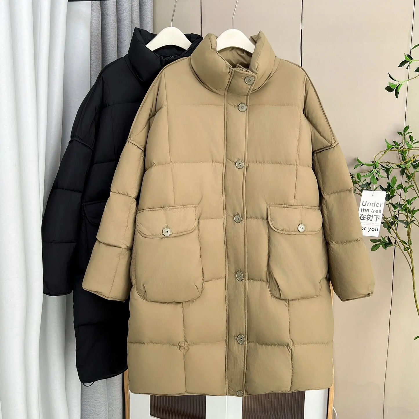 Plus Size Women Winter Down Coat Loose Thicken Oversized Stand Collar Long Loose 50% White Duck Down Jacket 2782