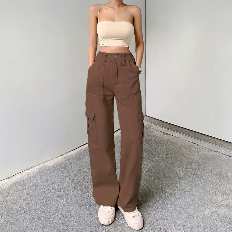 Women Solid Color Cargo Pants High Waist Straight-leg Buckle Jeans with Pockets Khaki Brown Baggy Casual Trousers