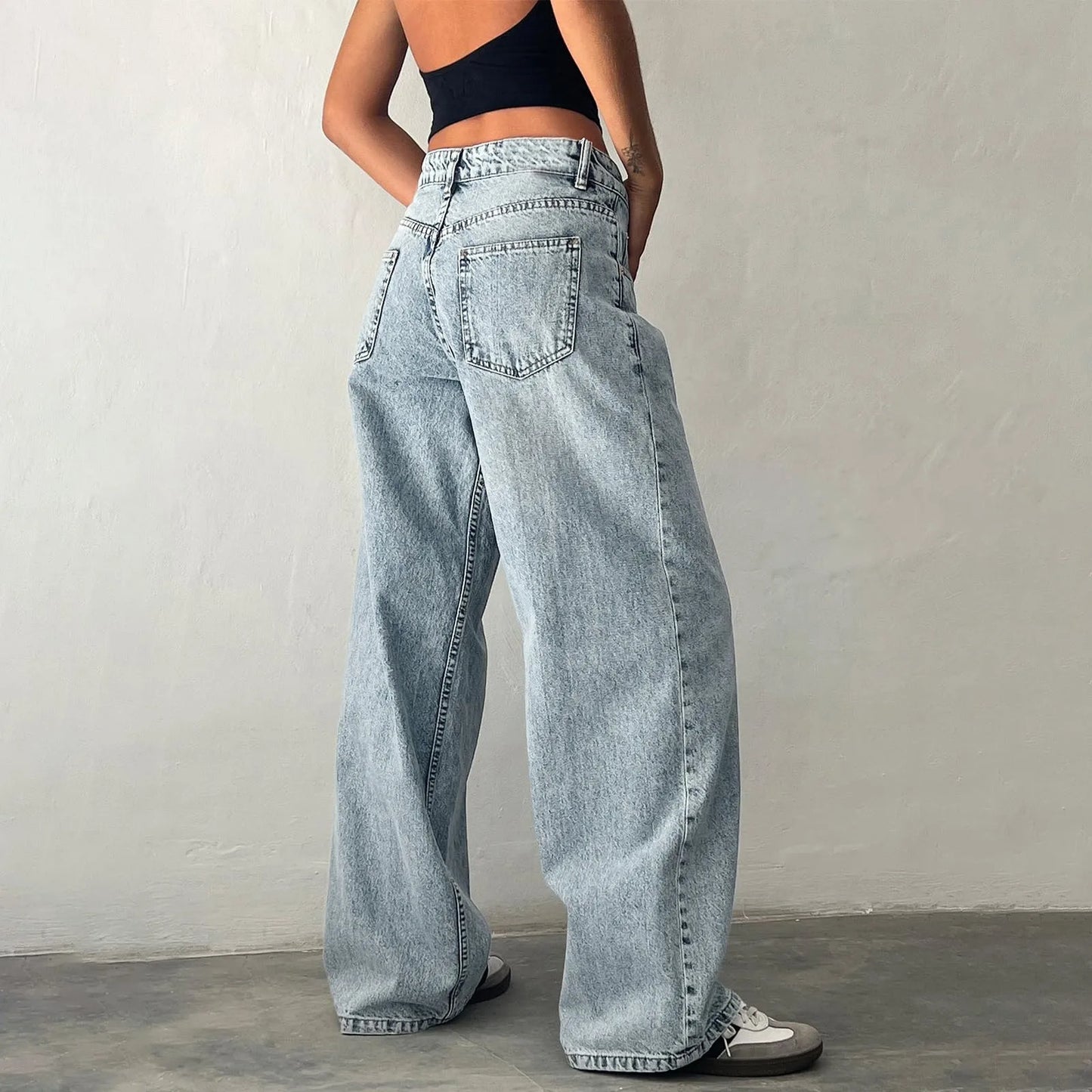 Low Waisted Loose Fit Boyfriend Baggy Jeans Trendy Stretch High Street Wide Leg Jeans Women Casual Washed Denim Trousers