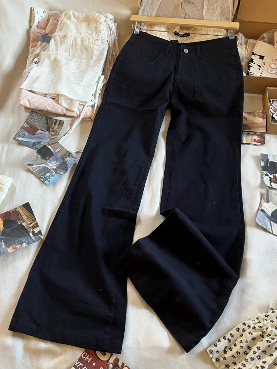 Navy Vintage Cargo Pants Woman Low Waist Straight Jeans Fashion Streetwear Pocket Wide Leg Denim Pant Summer Baggy Trousers