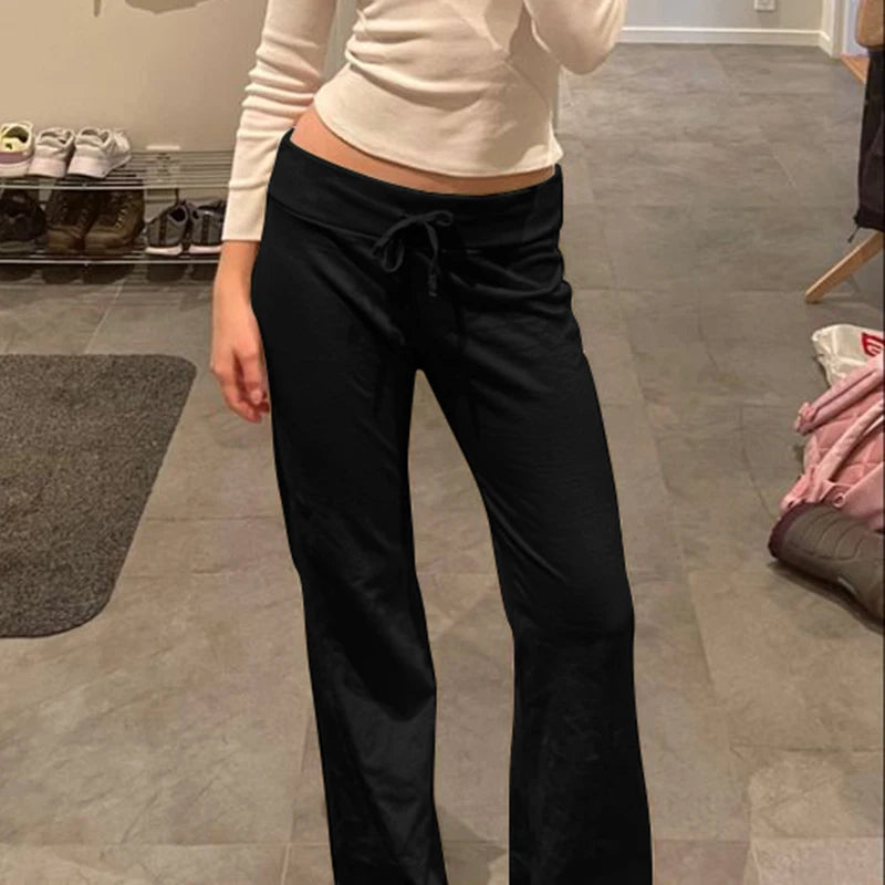 Cuteandpsycho Casual Solid Basic Pants Y2K Chic Floor Length Bottoms Vintage Aesthetic Mid Waist Drawstring Straight Trousers