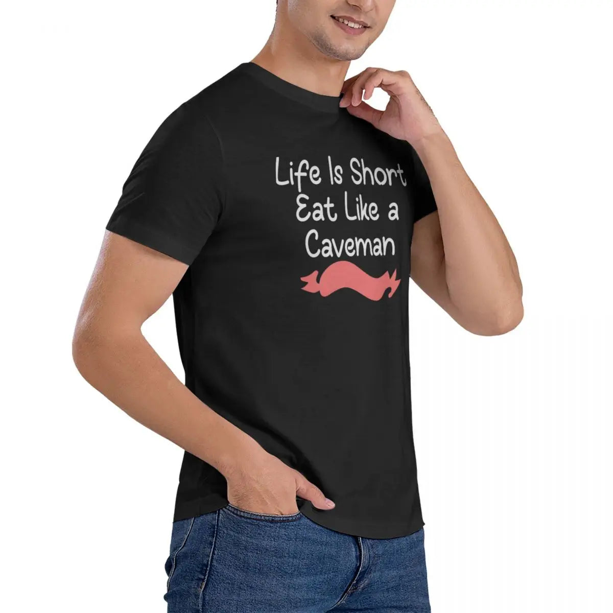 Life Is Short Eat T Shirts for Men Pure Cotton Novelty T-Shirt Round Collar Captain Caveman Tees Short Sleeve Clothes Gift Idea