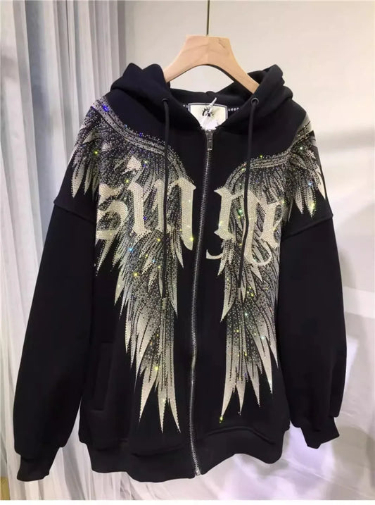 Plus Size Rhinestone Wing Luxury Zip Up Hoodies for Women Men Winter Fleece Thick Warm Long Sleeve Hip Hop Hooded Sweatshirts