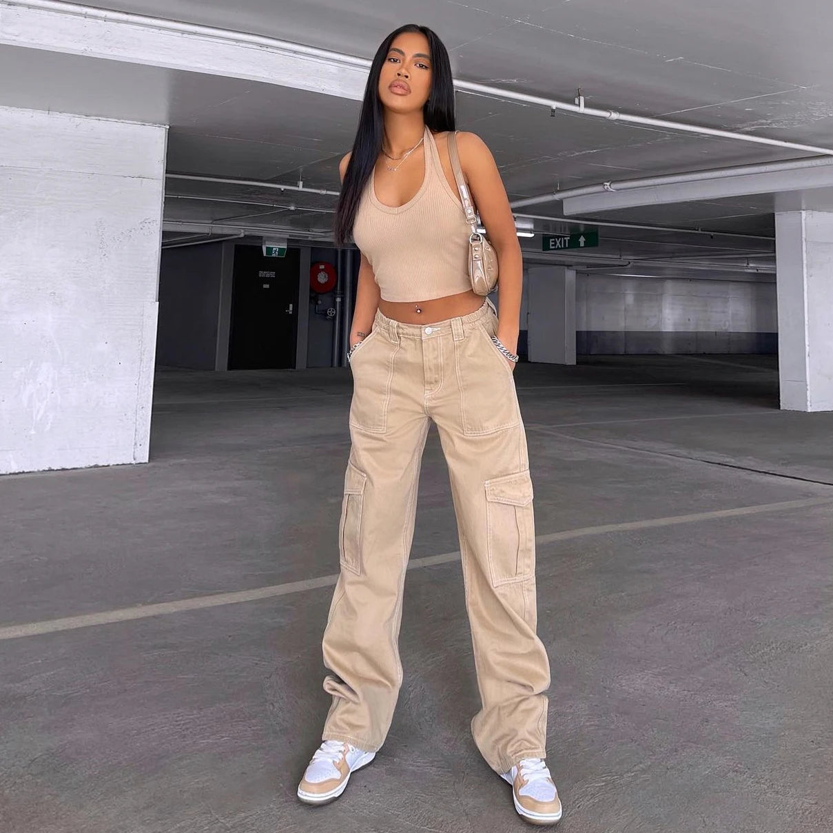 Women Solid Color Cargo Pants High Waist Straight-leg Buckle Jeans with Pockets Khaki Brown Baggy Casual Trousers