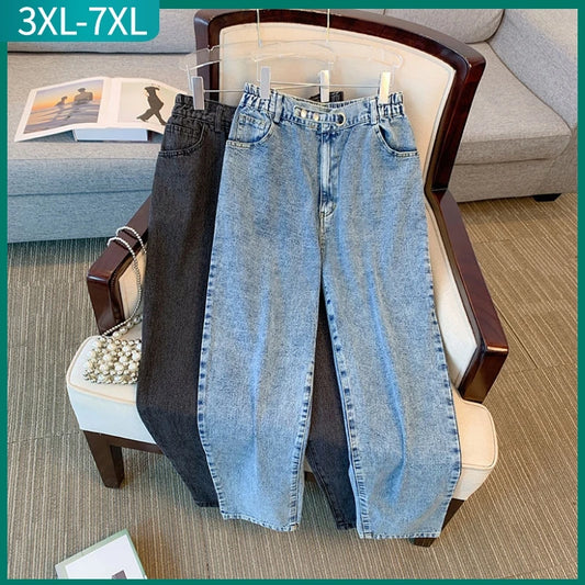 New 2023 Autumn Winter Plus Size Jeans For Women Large Loose Cotton Black Blue Long Denim Pants 3XL 4XL 5XL 6XL 7XL