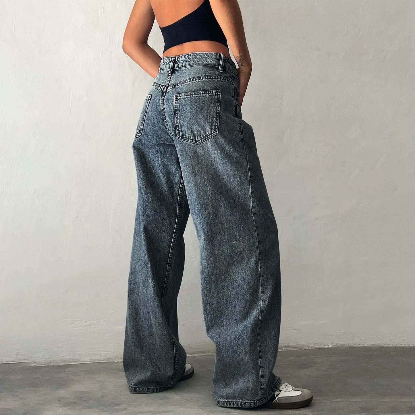 Low Waisted Loose Fit Boyfriend Baggy Jeans Trendy Stretch High Street Wide Leg Jeans Women Casual Washed Denim Trousers