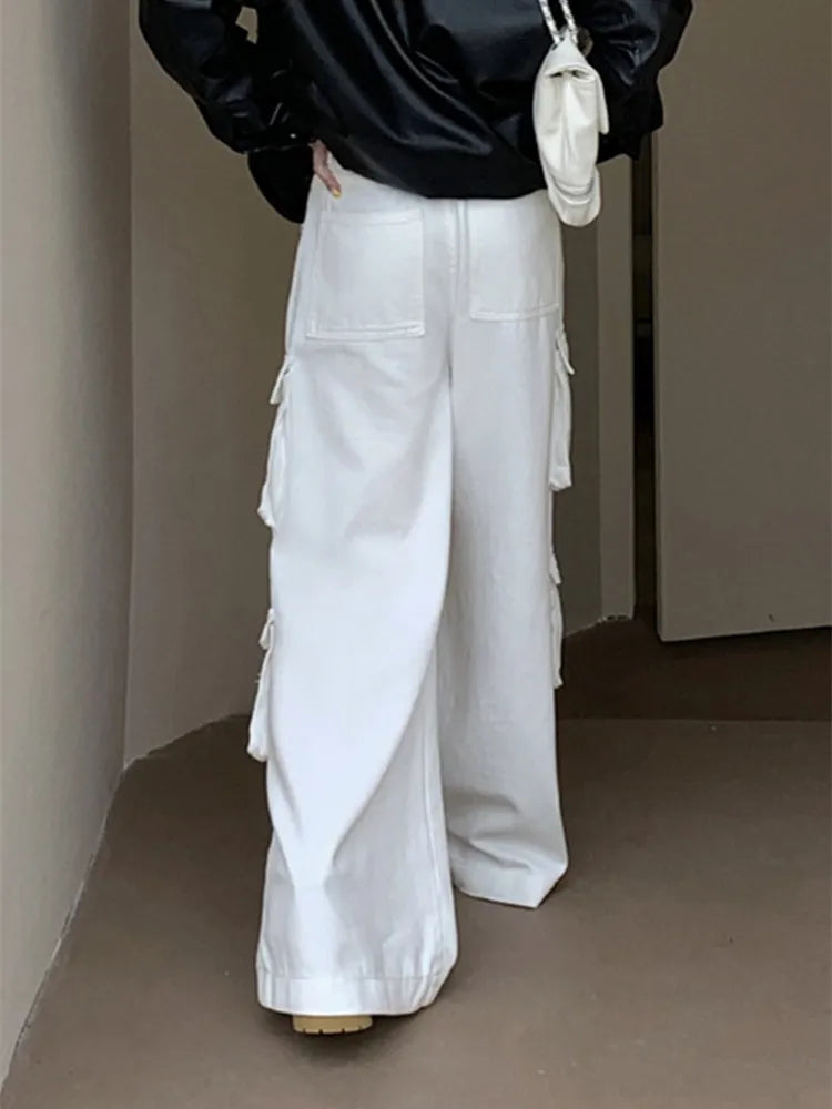 2024 Ropa Y2K Streetwear Multi Pockets White Baggy Jeans Pants For Women Designer Clothes Wide Leg Straight Casual Lady Trousers