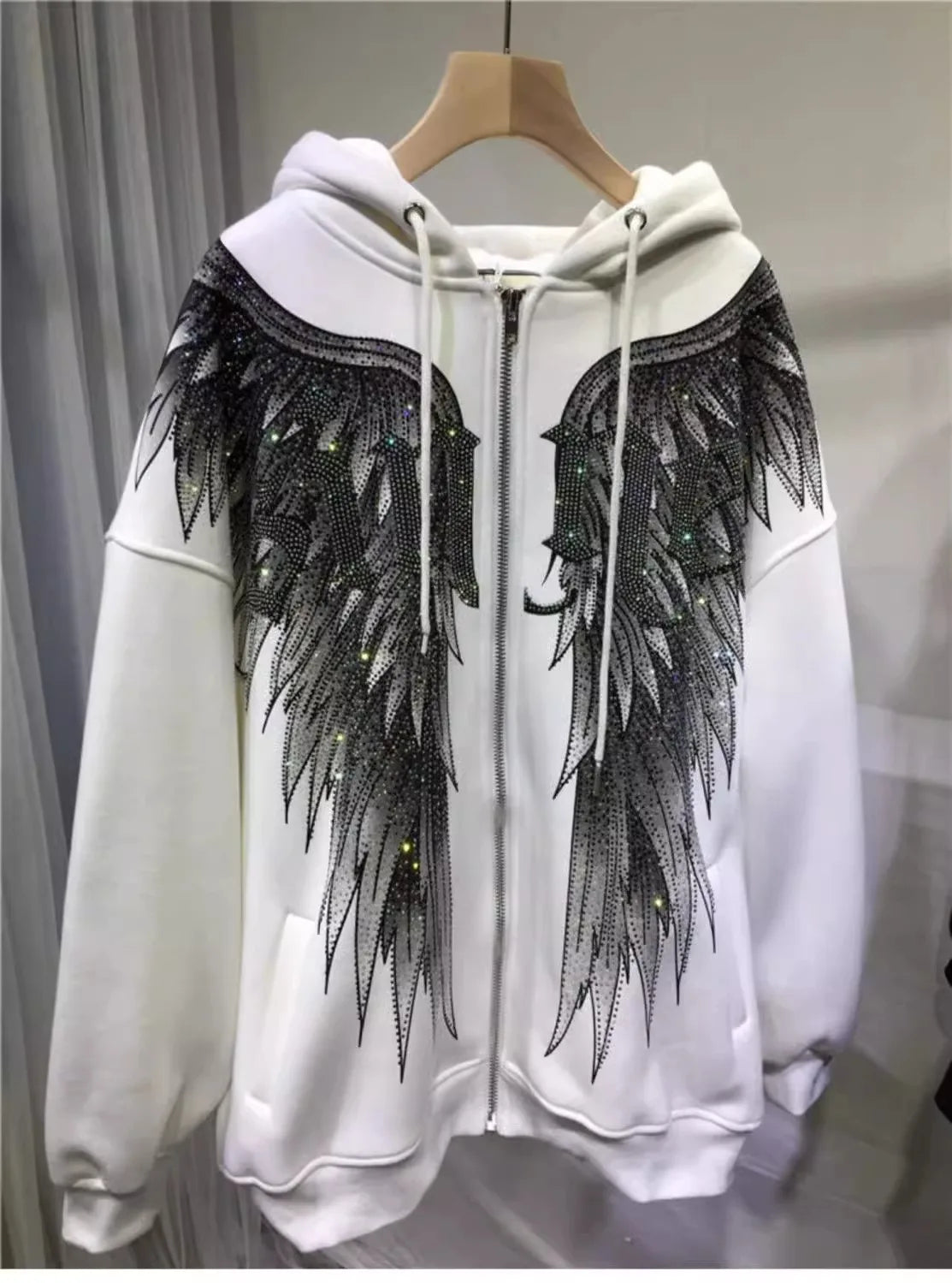 Plus Size Rhinestone Wing Luxury Zip Up Hoodies for Women Men Winter Fleece Thick Warm Long Sleeve Hip Hop Hooded Sweatshirts