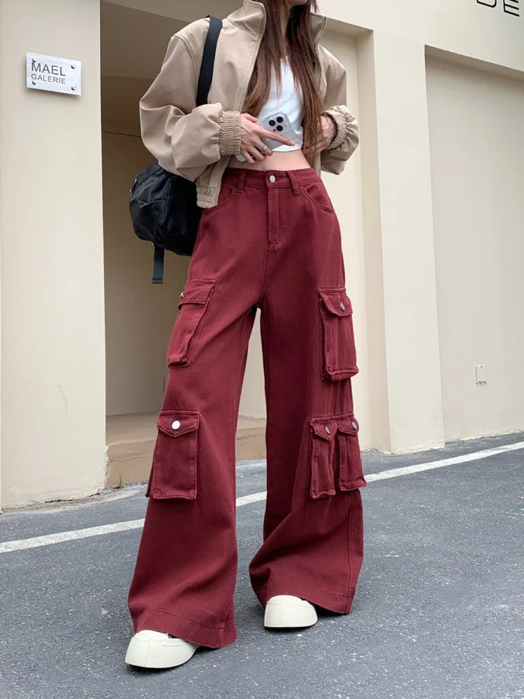 2024 Ropa Y2K Streetwear Multi Pockets White Baggy Jeans Pants For Women Designer Clothes Wide Leg Straight Casual Lady Trousers