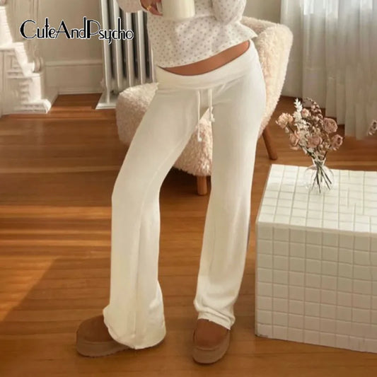 Cuteandpsycho Casual Solid Basic Pants Y2K Chic Floor Length Bottoms Vintage Aesthetic Mid Waist Drawstring Straight Trousers