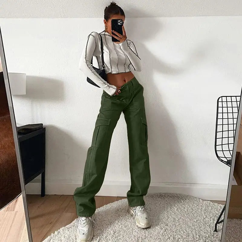 Women Solid Color Cargo Pants High Waist Straight-leg Buckle Jeans with Pockets Khaki Brown Baggy Casual Trousers