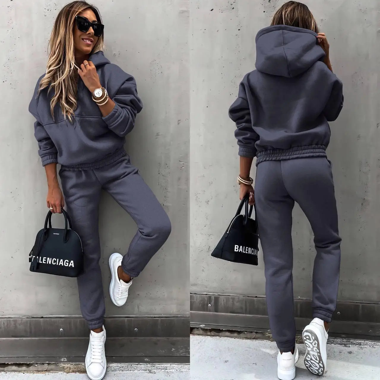 Autumn Winter New Hoodie Suit Solid Color Long Sleeve Women's Casual Fashion Loose Sports Hoodie + Small Foot Pants 2 Piece Set