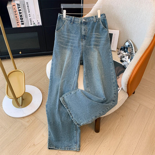 Autumn and winter plus size women's fashion loose straight simple jeans loose commuter daily versatile wide-legged trousers