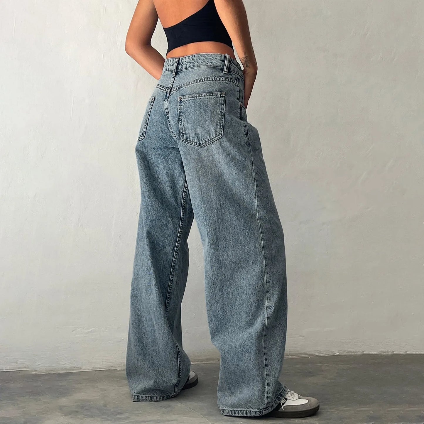 Low Waisted Loose Fit Boyfriend Baggy Jeans Trendy Stretch High Street Wide Leg Jeans Women Casual Washed Denim Trousers