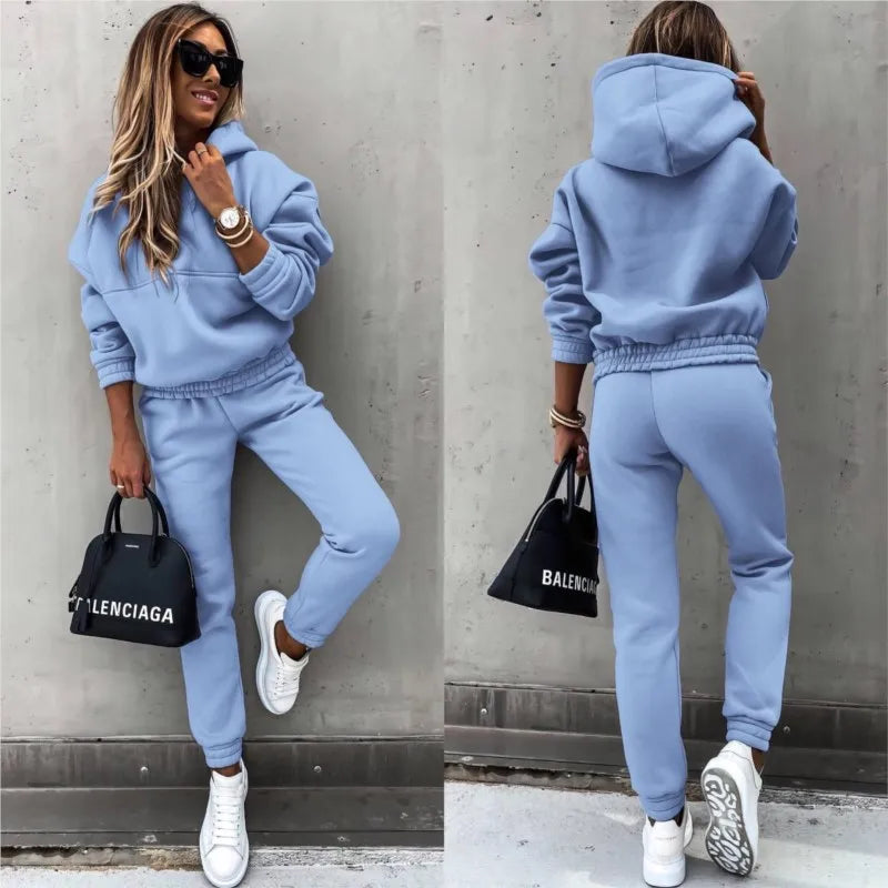 Autumn Winter New Hoodie Suit Solid Color Long Sleeve Women's Casual Fashion Loose Sports Hoodie + Small Foot Pants 2 Piece Set