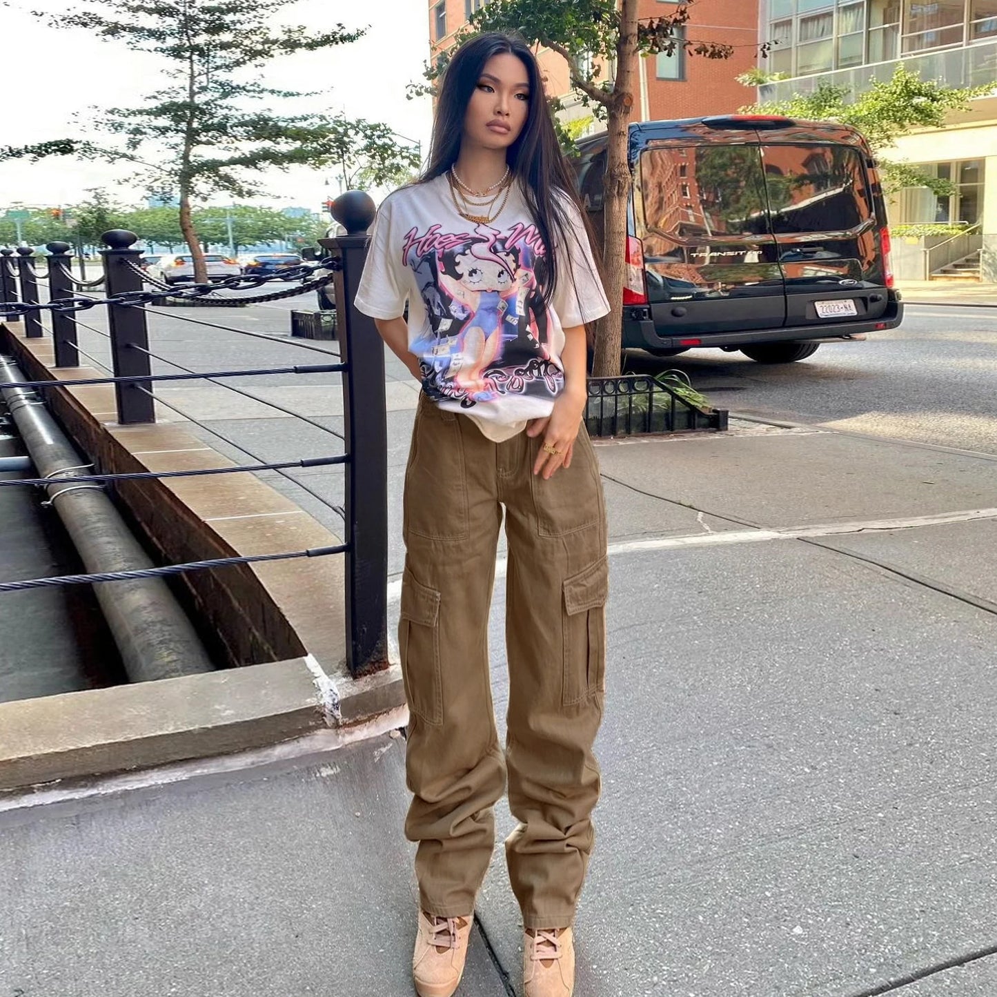 Women Solid Color Cargo Pants High Waist Straight-leg Buckle Jeans with Pockets Khaki Brown Baggy Casual Trousers