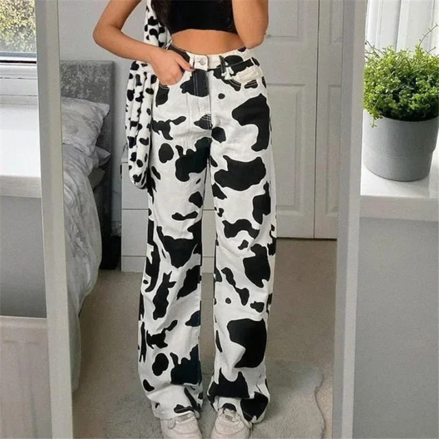 2024 Animal Cow Printed Jeans High Waist Streetwear Denim Pants Gothic Straight Trousers Korean Fashion New Baggy Bottoms Autumn