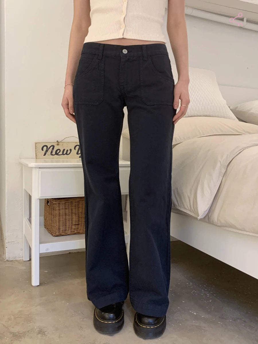 Navy Vintage Cargo Pants Woman Low Waist Straight Jeans Fashion Streetwear Pocket Wide Leg Denim Pant Summer Baggy Trousers