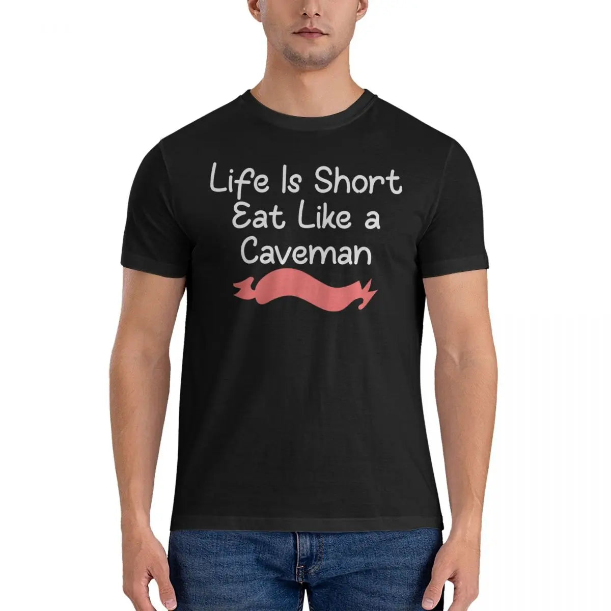 Life Is Short Eat T Shirts for Men Pure Cotton Novelty T-Shirt Round Collar Captain Caveman Tees Short Sleeve Clothes Gift Idea