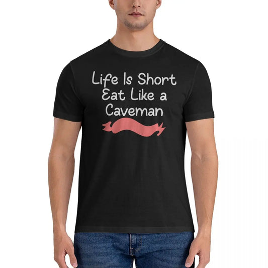 Life Is Short Eat T Shirts for Men Pure Cotton Novelty T-Shirt Round Collar Captain Caveman Tees Short Sleeve Clothes Gift Idea