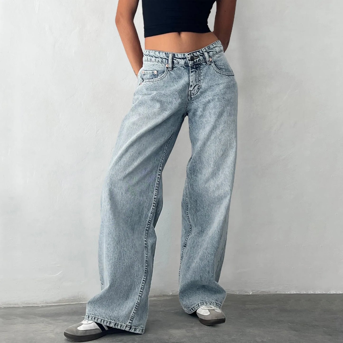 Low Waisted Loose Fit Boyfriend Baggy Jeans Trendy Stretch High Street Wide Leg Jeans Women Casual Washed Denim Trousers