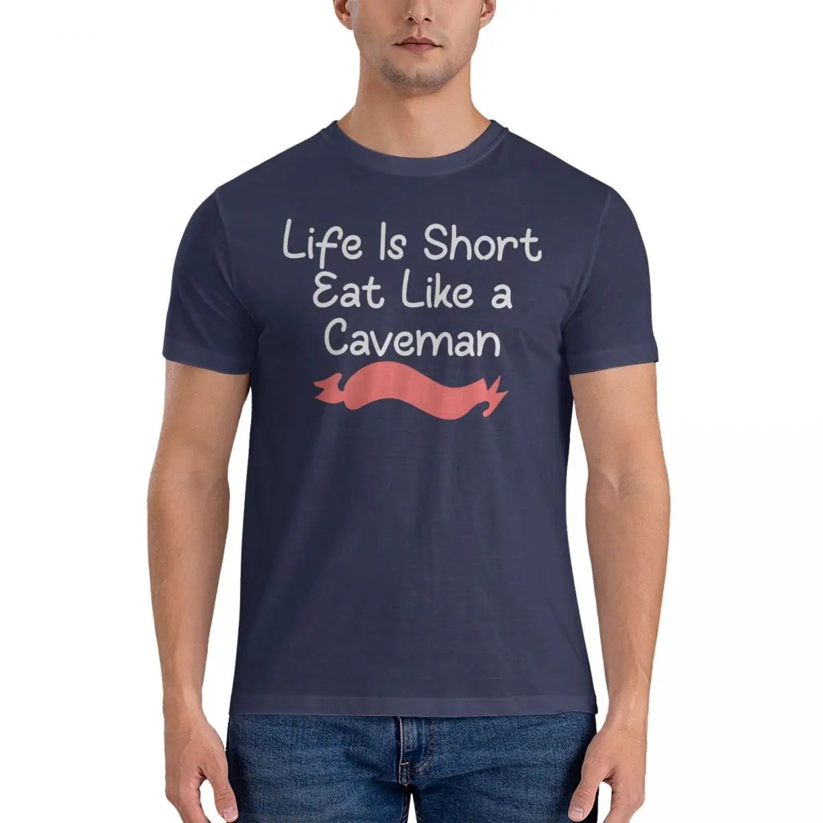 Life Is Short Eat T Shirts for Men Pure Cotton Novelty T-Shirt Round Collar Captain Caveman Tees Short Sleeve Clothes Gift Idea