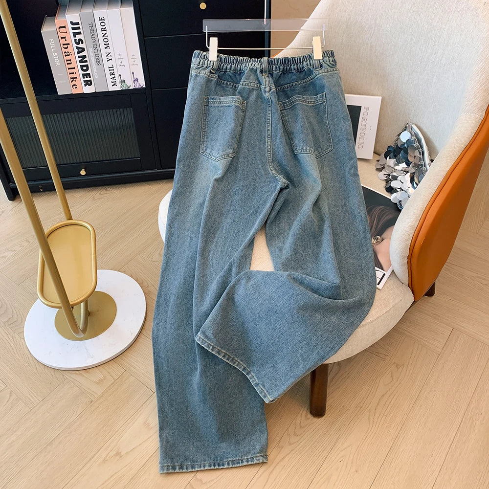 Autumn and winter plus size women's fashion loose straight simple jeans loose commuter daily versatile wide-legged trousers